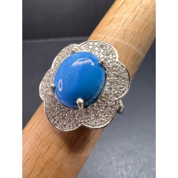 NEW Ceruleite and zircon blossom ring in rhodium over sterling silver size 8 - Picture 11 of 16